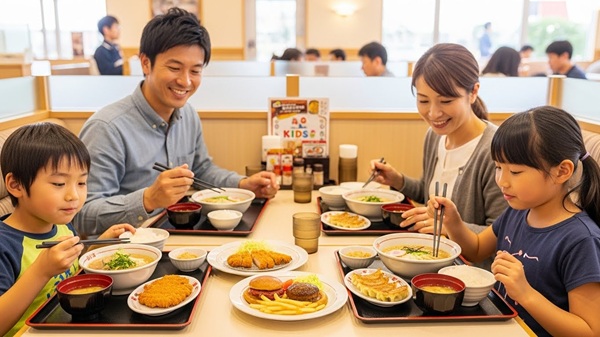 津市の安くておいしいランチを食べる家族