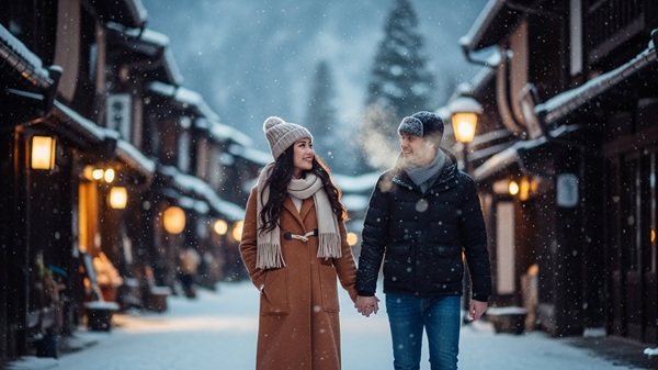 冬の三重でデートするカップル