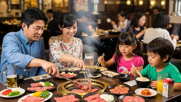 三重の安くてうまい焼肉を食べる家族