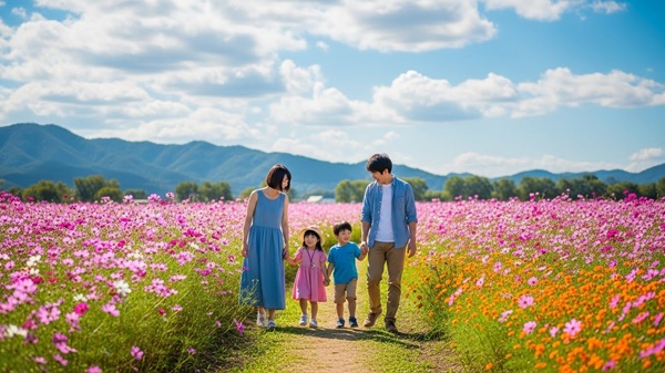 三重県のコスモス畑にいる家族