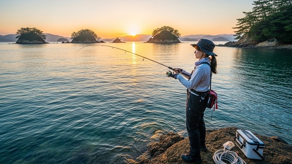 三重の神島で釣りをする女性