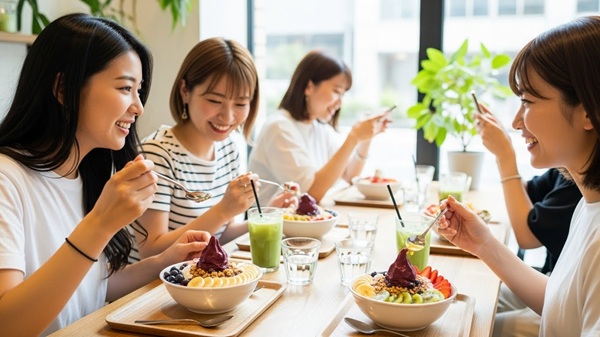四日市でアサイーボウルを食べる女性