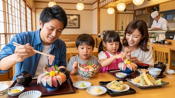 鈴鹿の海鮮丼店にいる家族