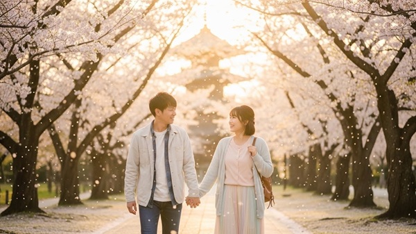 三重で春にデートするカップル