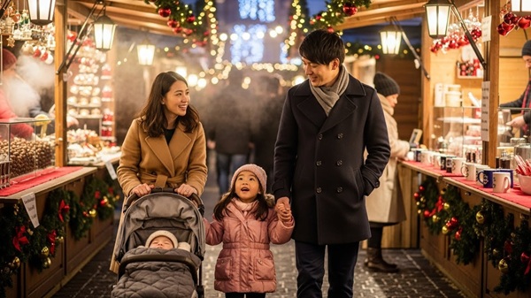 三重県のクリスマスマーケットに行く家族