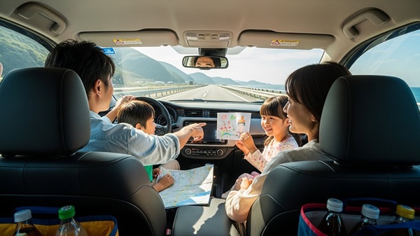 三重県でドライブ観光する家族