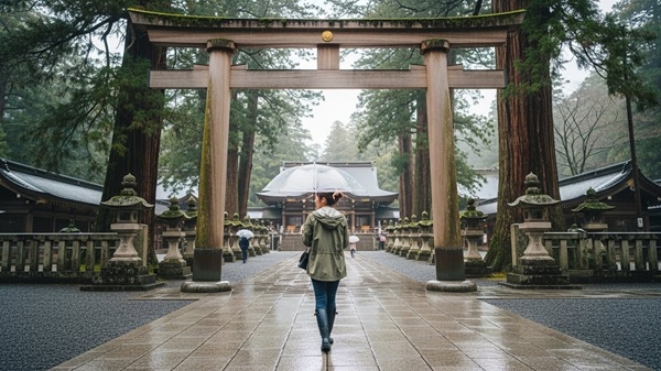 雨のスピリチュアルな伊勢神宮を訪れる女性