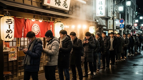 三重県のラーメン行列店に並ぶ男性