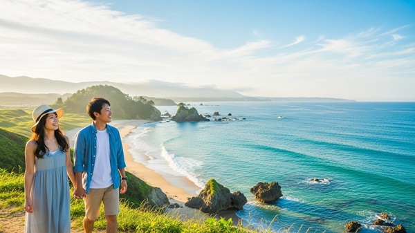 鳥羽観光のモデルコースを行くカップル