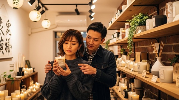 伊勢のお土産雑貨でキャンドルを選ぶカップル