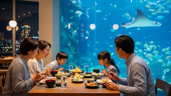 鳥羽水族館周辺の子連れランチにいる家族