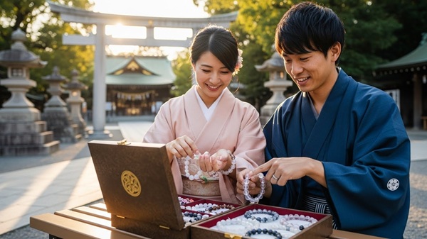 椿大神社の水晶ブレスレットの効果を試す男女