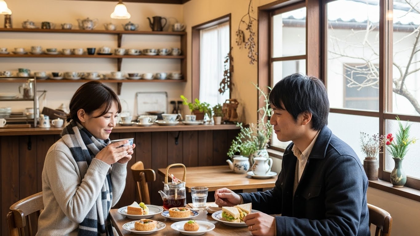 伊勢神宮の参拝後にカフェで休憩する男女