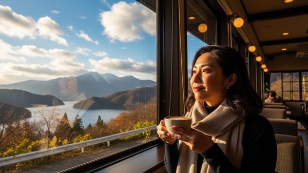 三重県の絶景カフェでくつろぐ女性