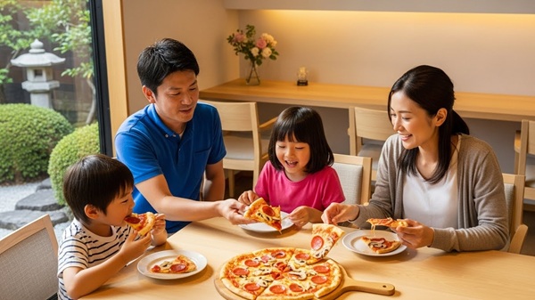 三重県でピザを食べる家族