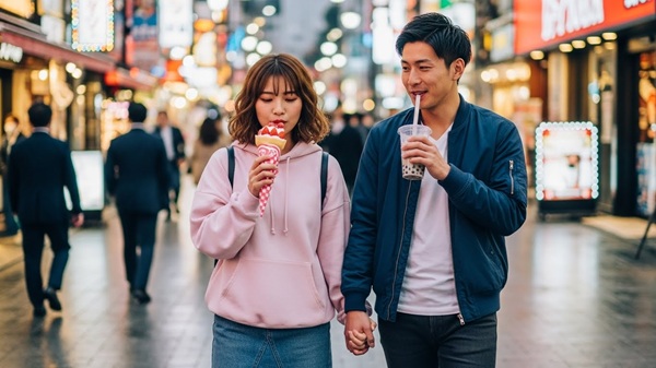 おかげ横丁でスイーツを食べ歩きするカップル