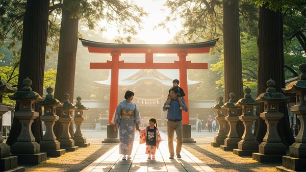 伊勢神宮早朝に参拝する家族