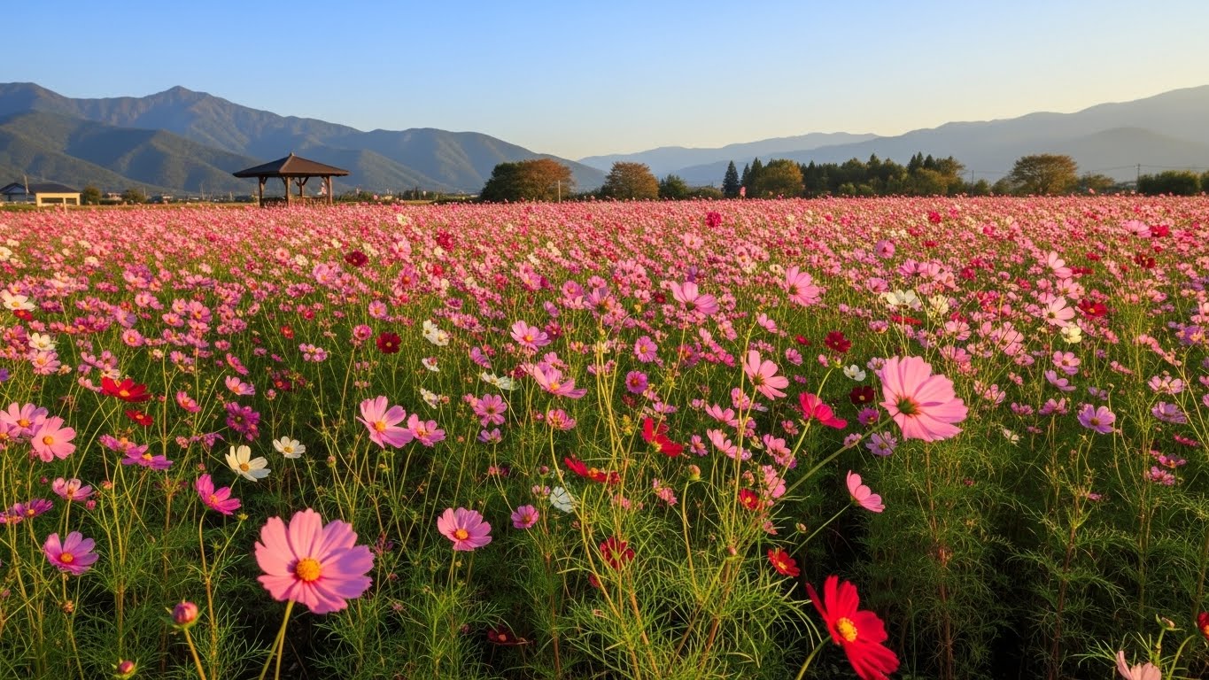 秋空の下に広がる満開の三重県のコスモス畑の風景