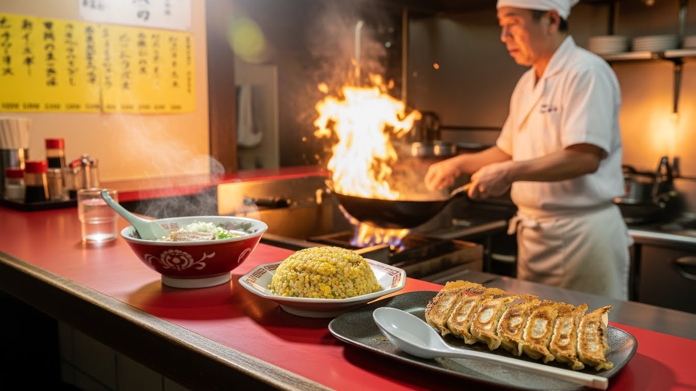 活気ある厨房とボリューム満点のチャーハン・餃子が並ぶ四日市の町中華の風景