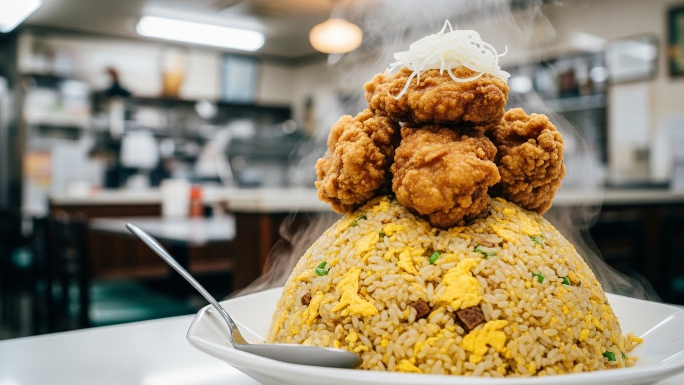 お皿から溢れんばかりに盛られたチャーハンと巨大唐揚げの四日市デカ盛りグルメ