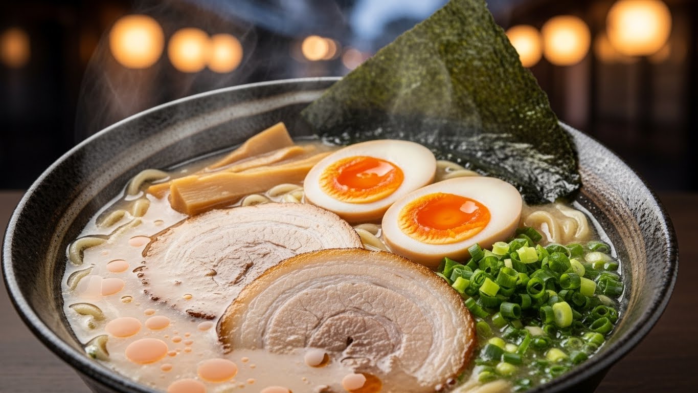 伊勢の街並みの雰囲気とともに楽しむ、厚切りチャーシューが乗った究極の伊勢のラーメンイメージ