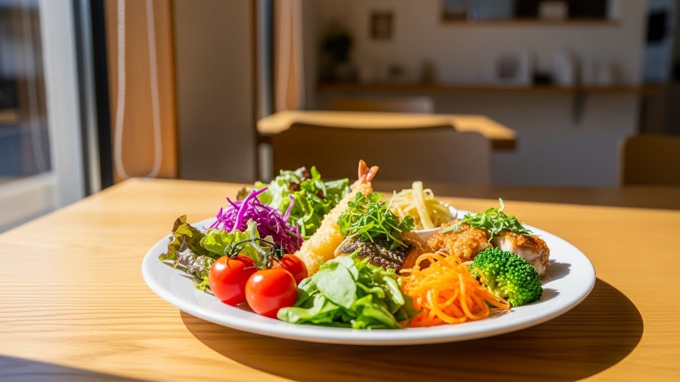 明和町のカフェで提供される地元の新鮮な野菜をふんだんに使った明和町のランチセット