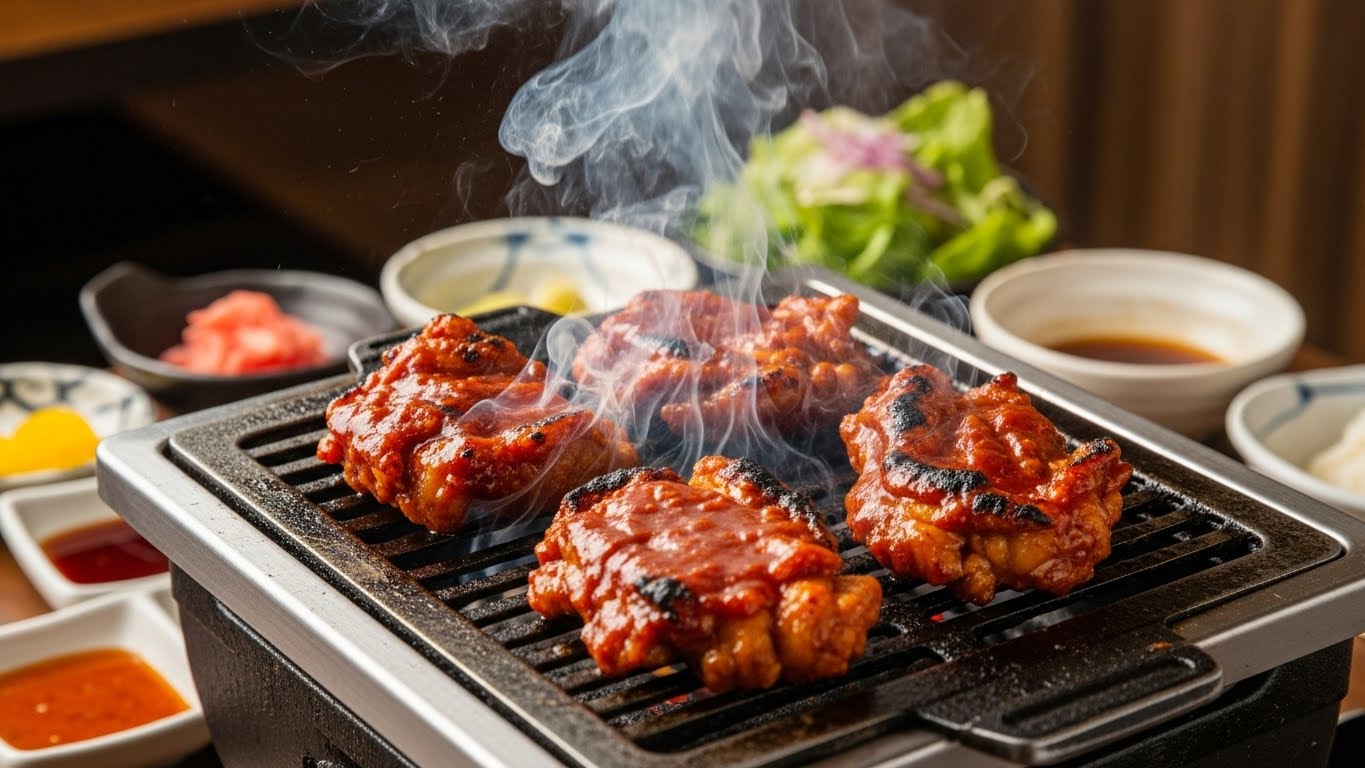 松阪市の名物として知られる甘辛い味噌ダレがたっぷり絡んだ三重の鳥焼肉のイメージ