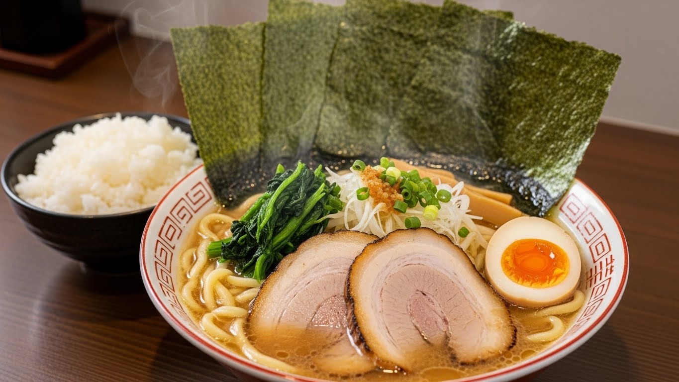 濃厚なスープと海苔が特徴的な三重県の家系ラーメンとライスのセット