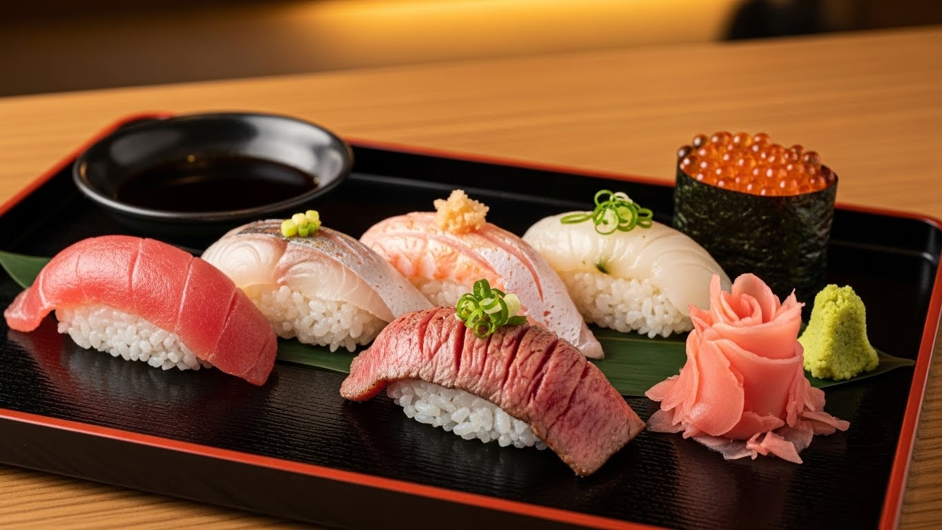 鮮やかなネタと松阪牛の握りが並ぶ、贅沢な松阪の寿司屋の寿司盛り合わせ