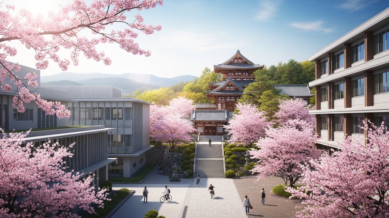 三重大学や皇學館大学など、三重県の大学キャンパスと周辺の名所をイメージした三重の大学周辺観光の景色