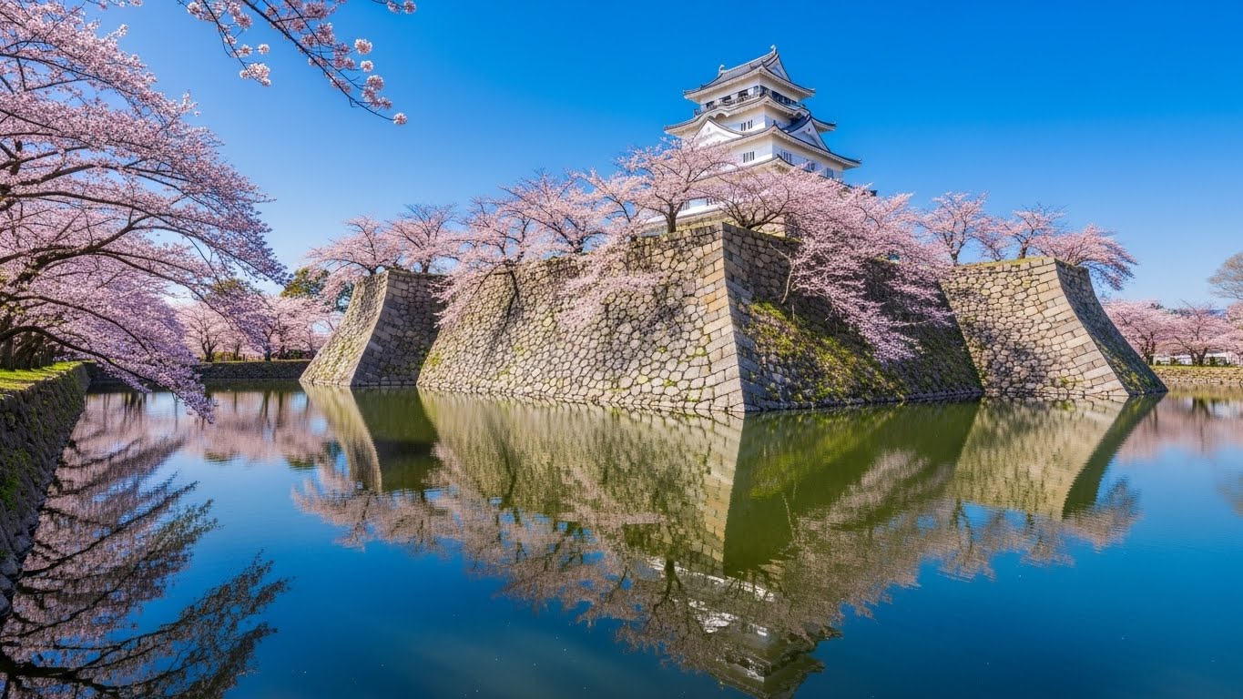 津城跡の石垣を彩る満開の桜が美しい津市の桜名所の風景