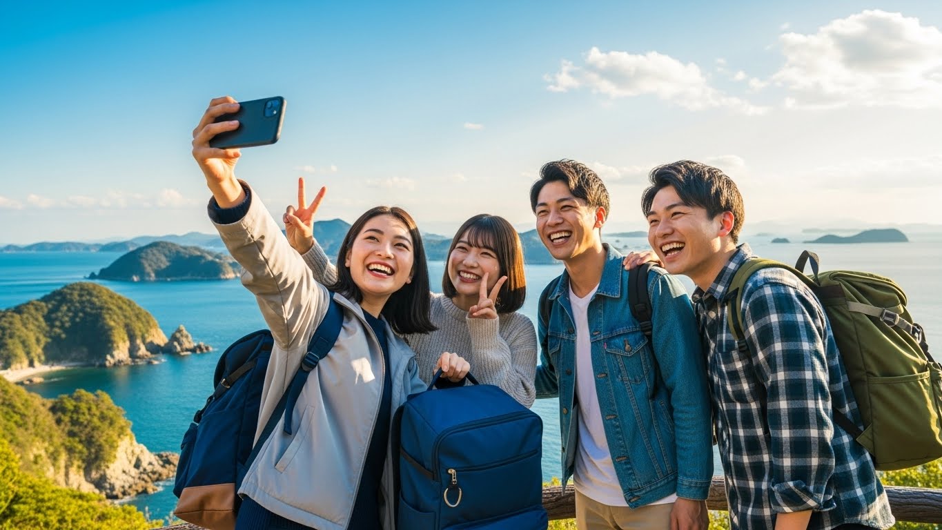 志摩の絶景をバックに笑顔で撮影を楽しむ三重の卒業旅行の学生たち