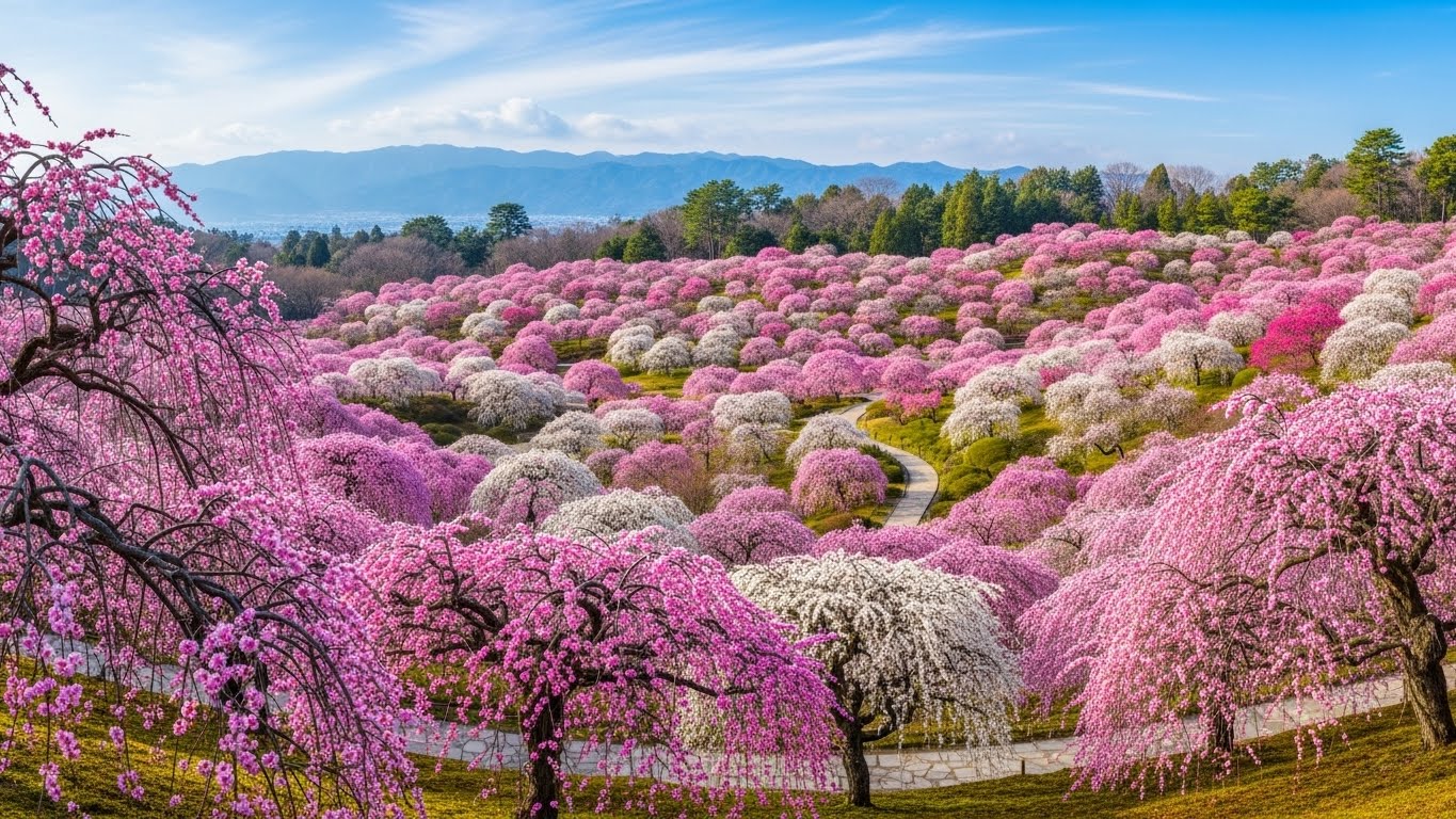 ピンクや白のしだれ梅が咲き誇る三重の梅の名所の美しい風景