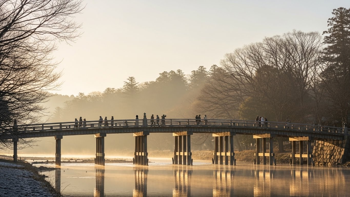 2月の早朝、静寂に包まれた宇治橋と伊勢神宮の 2月の混雑を避けた参拝風景