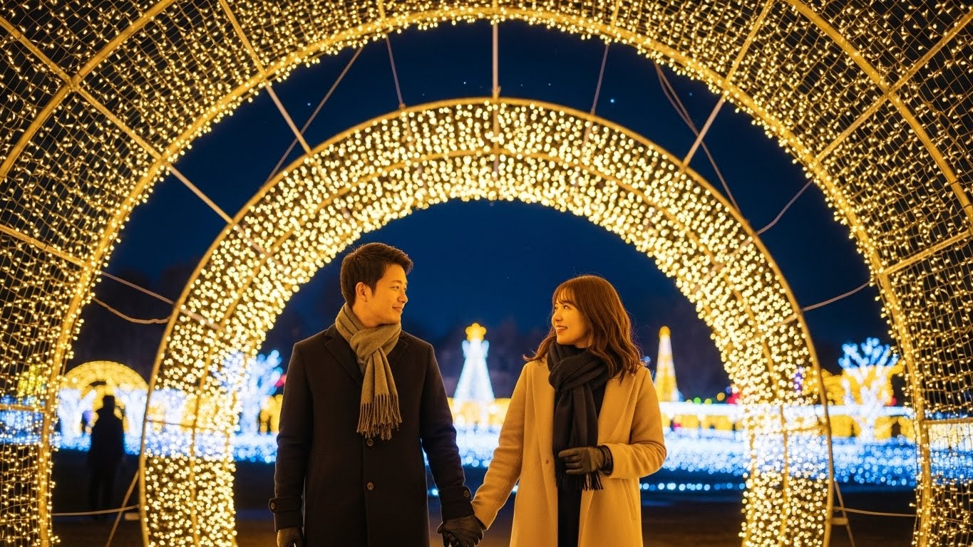 光り輝くイルミネーションの中を歩くカップルと三重のバレンタインデートのワンシーン