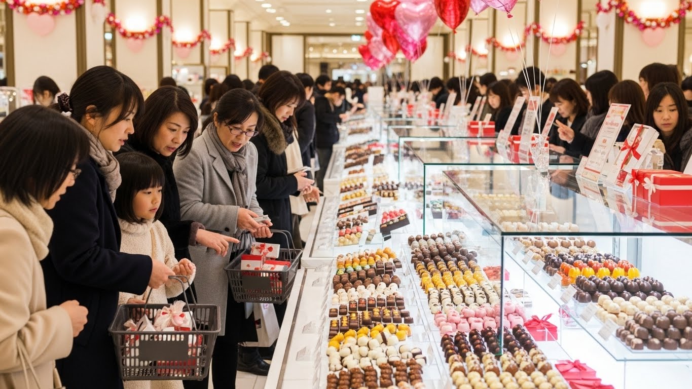 多くの人で賑わう百貨店の特設会場と三重のバレンタインイベントのショコラ販売会
