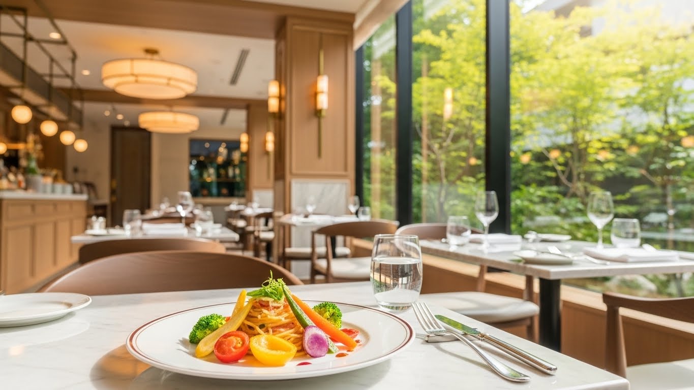 洗練された空間で彩り豊かな料理を楽しむ、松阪市 ランチ おしゃれなレストランの風景