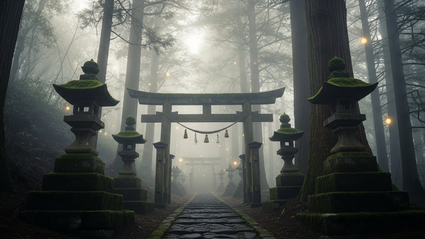 深い霧に包まれた神秘的な森に佇む、伊勢・天岩戸の心霊現象を彷彿とさせる聖域の風景