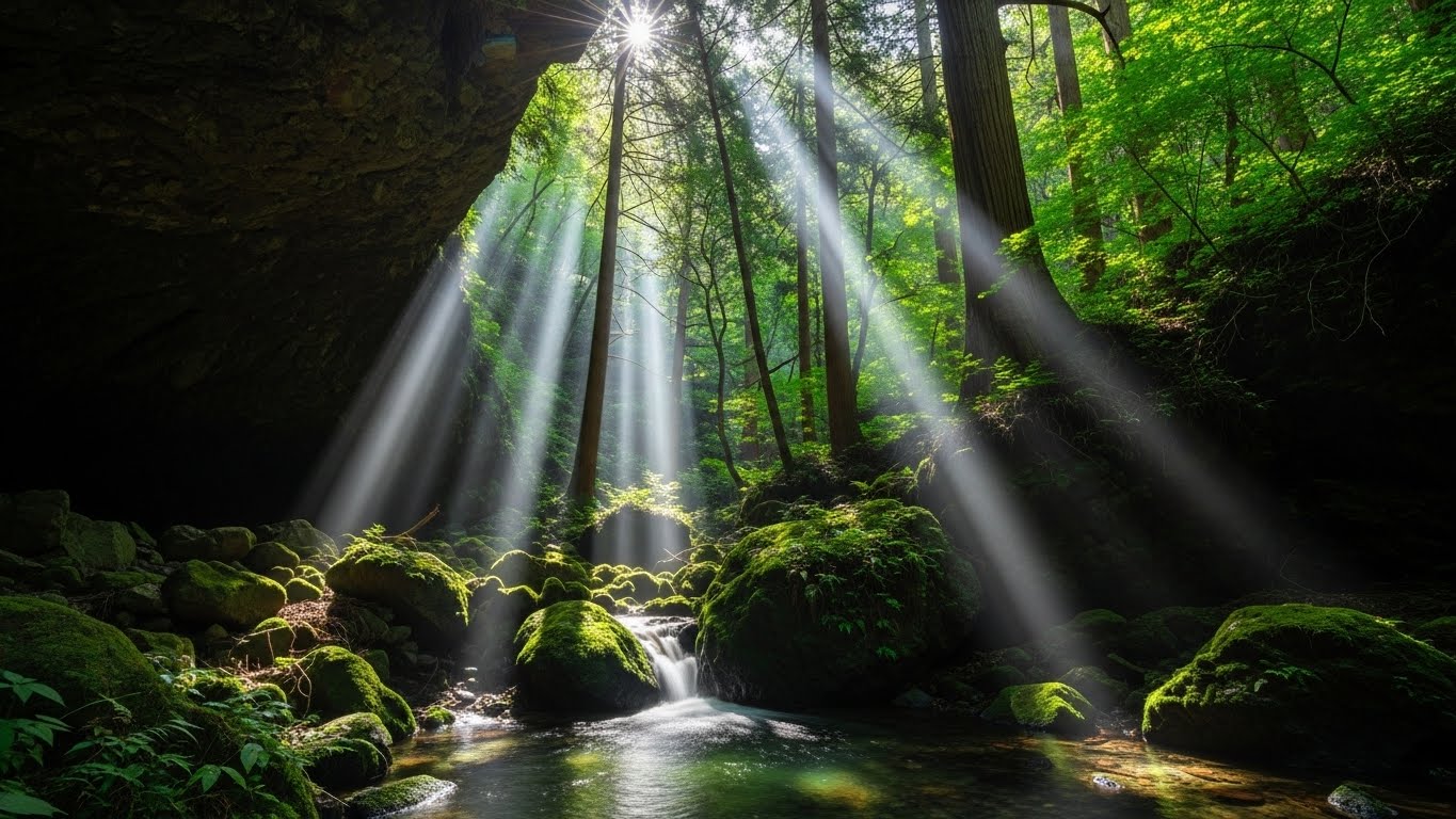 光が差し込む神秘的な水穴と清流が美しい、伊勢・天岩戸のスピリチュアルな魅力を象徴する風景