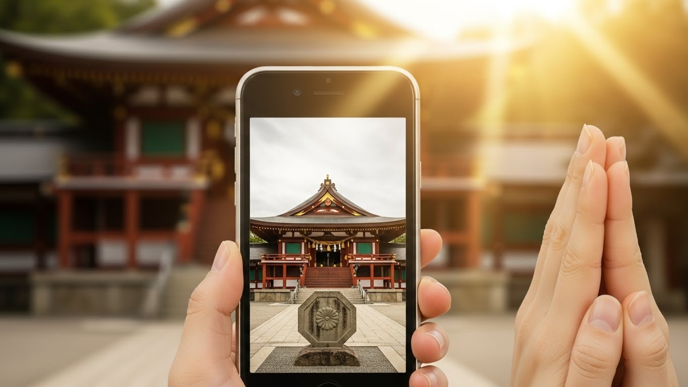 物事の始まりを成功へと導く、猿田彦神社の待ち受けの効果を象徴する黄金の光に包まれたスマホ画像