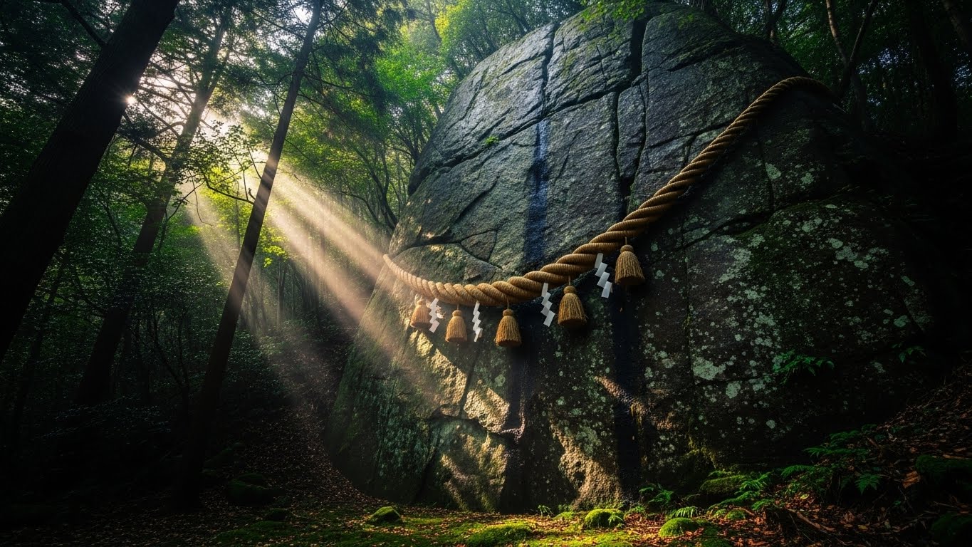 日本最古の聖地で巨大な磐座から神秘的な光が差し込む花の窟神社の不思議な体験を象徴する風景