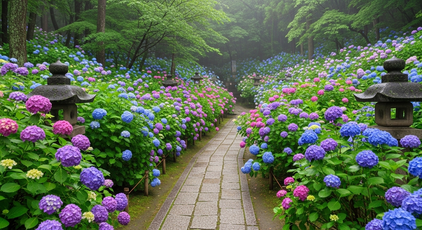 梅雨の時期を彩る色鮮やかな三重県のあじさい名所を象徴する美しい風景