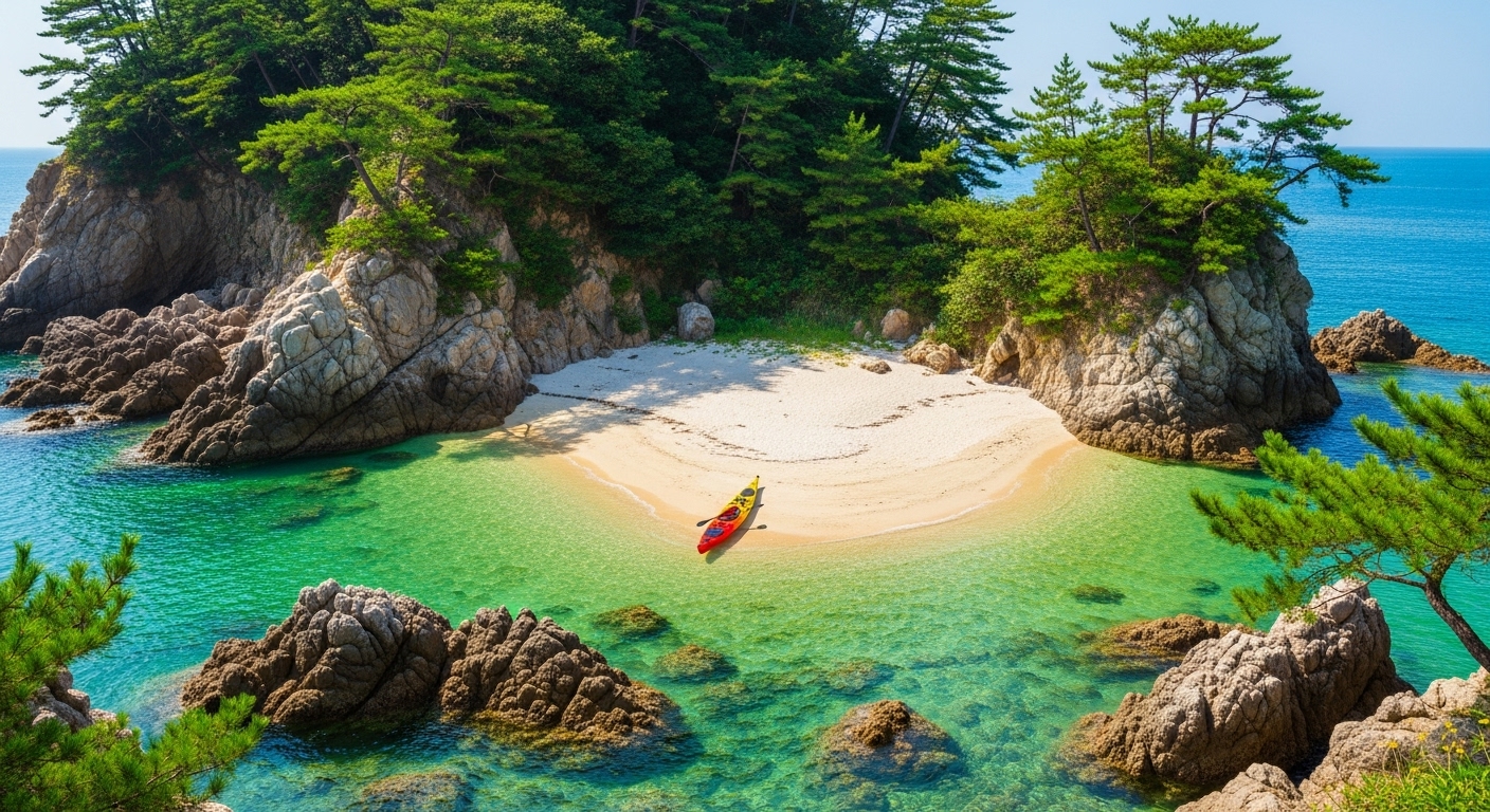 エメラルドグリーンの海に浮かぶ美しい三重の無人島とシーカヤックの風景