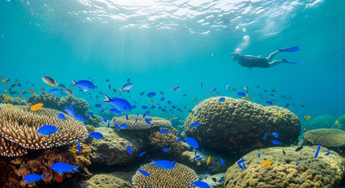 カラフルな熱帯魚と透き通る海が美しい三重のシュノーケリングスポットの水中風景