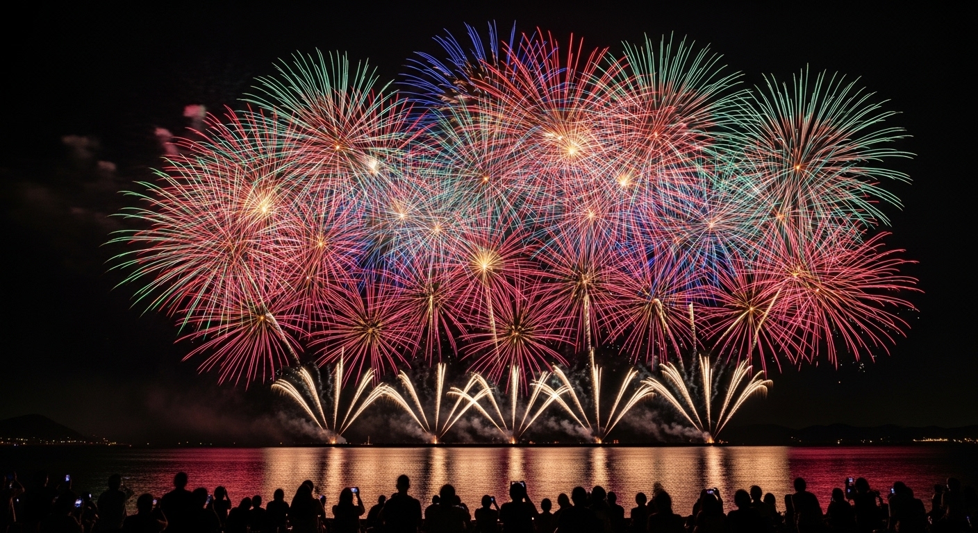 夜空と海面を鮮やかに染め上げる三重県の花火大会「熊野大花火大会」の絶景