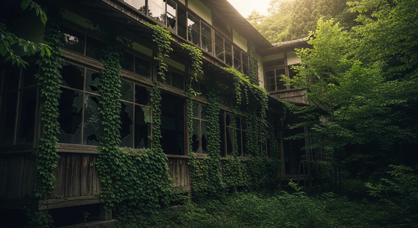 かつての温泉街の面影を残しながら静かに佇む榊原温泉の廃墟となった建物の風景