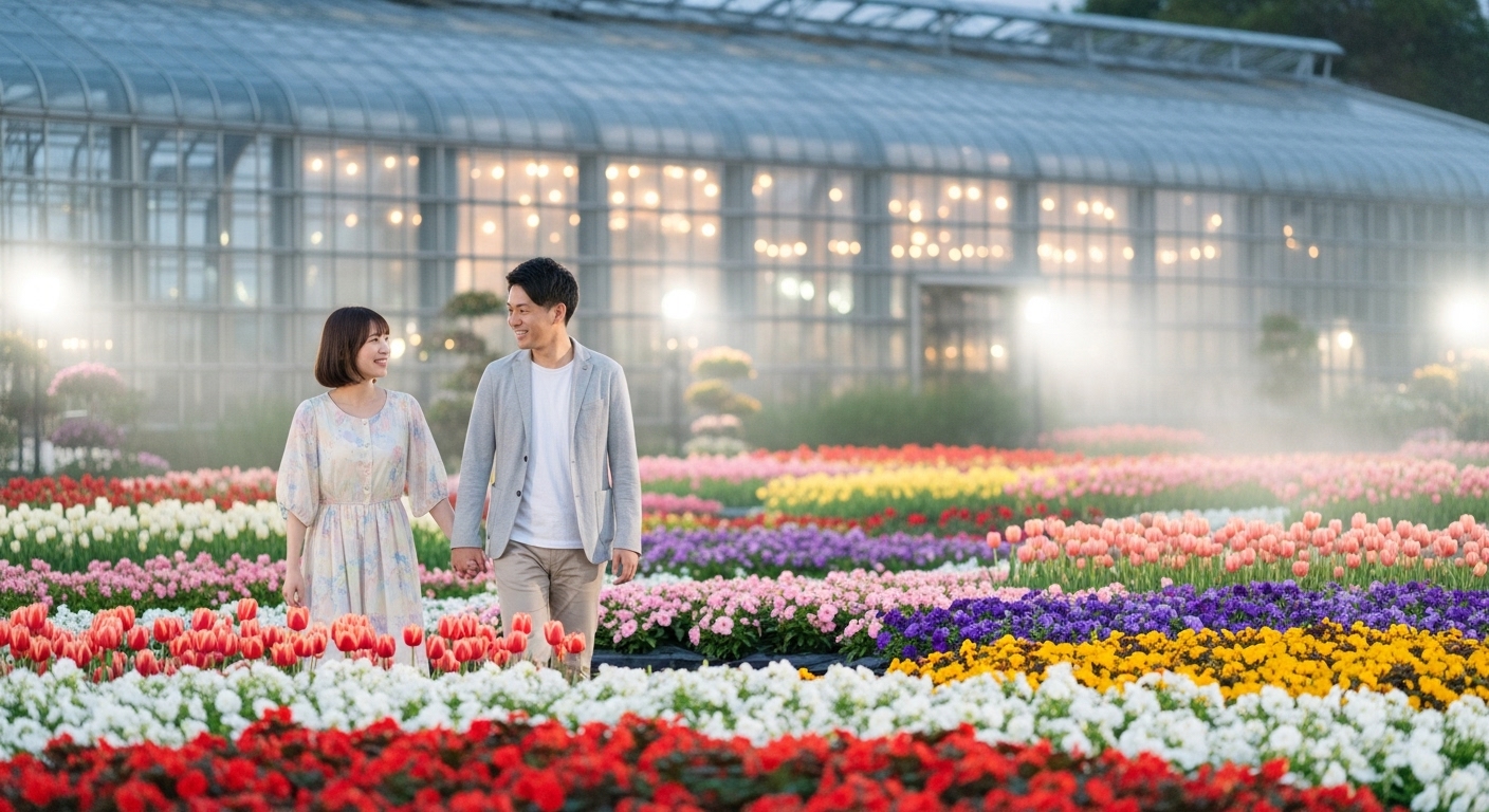 花のライトアップを背景に楽しそうに歩くカップルの、付き合う前の三重デートスポットイメージ画像