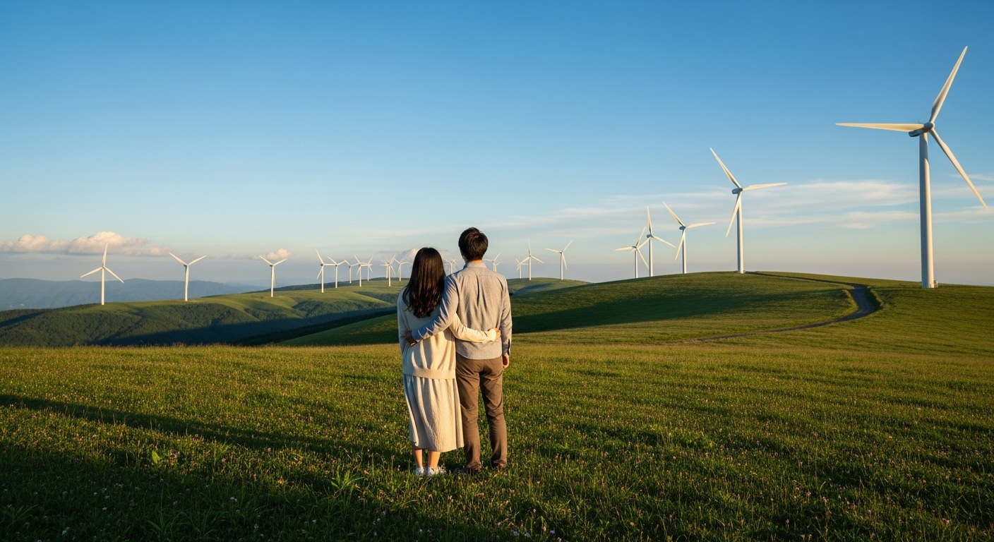 風車が回る広大な高原で二人きりの時間を過ごす、三重の人が少ないデートスポットのイメージ画像