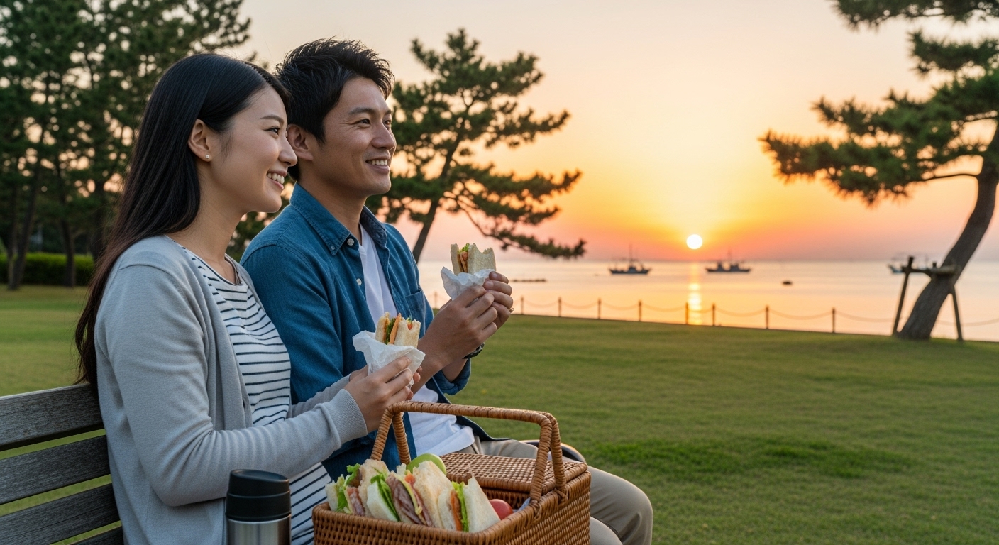 夕暮れの海が見える公園で手作り弁当を楽しむ、三重のお金が掛からないデートのイメージ画像