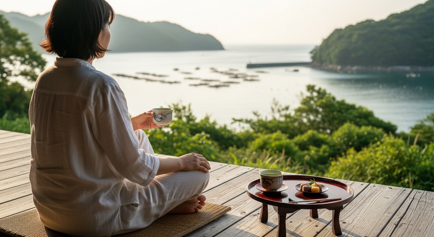穏やかな英虞湾を眺めながらテラスでくつろぐ、三重でゆっくりできる場所での癒やしのひととき